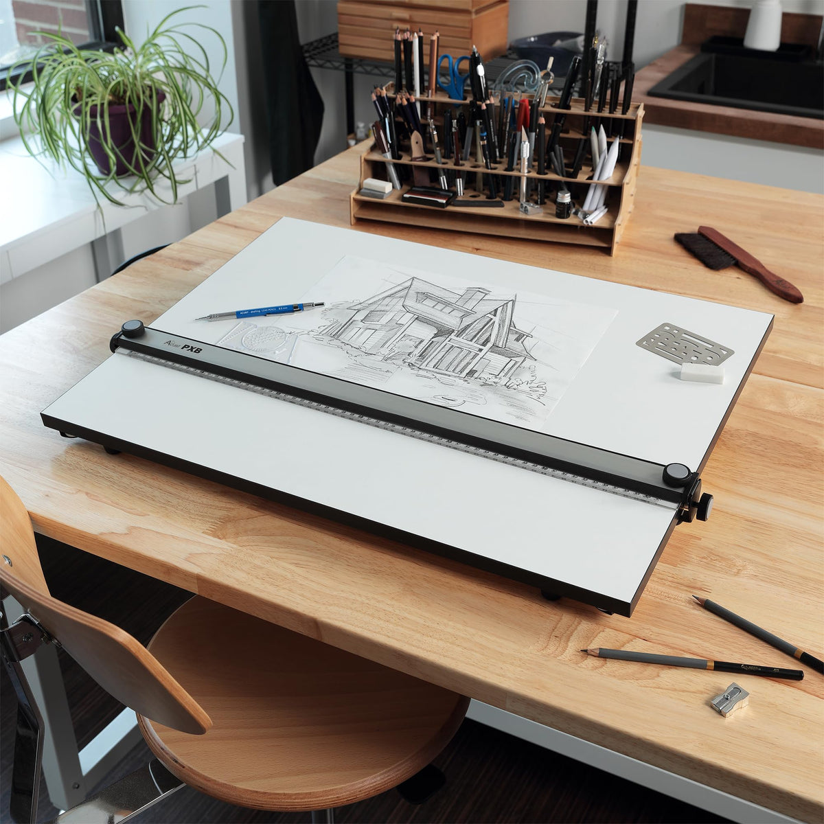 Acurit PXB 20” x 26” Drawing Board for Artists and Designers - Portable Workspace for Drawing, Sketching, Drafting, Painting - Fixed Angled Laminated Surface with Ruler and Parallel Motion Bar