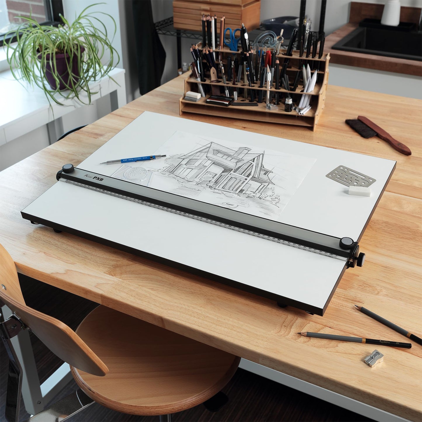 Acurit PXB 16” x 21” Drawing Board for Artists and Designers - Portable Workspace for Drawing, Sketching, Drafting, Painting - Fixed Angled Laminated Surface with Ruler and Parallel Motion Bar