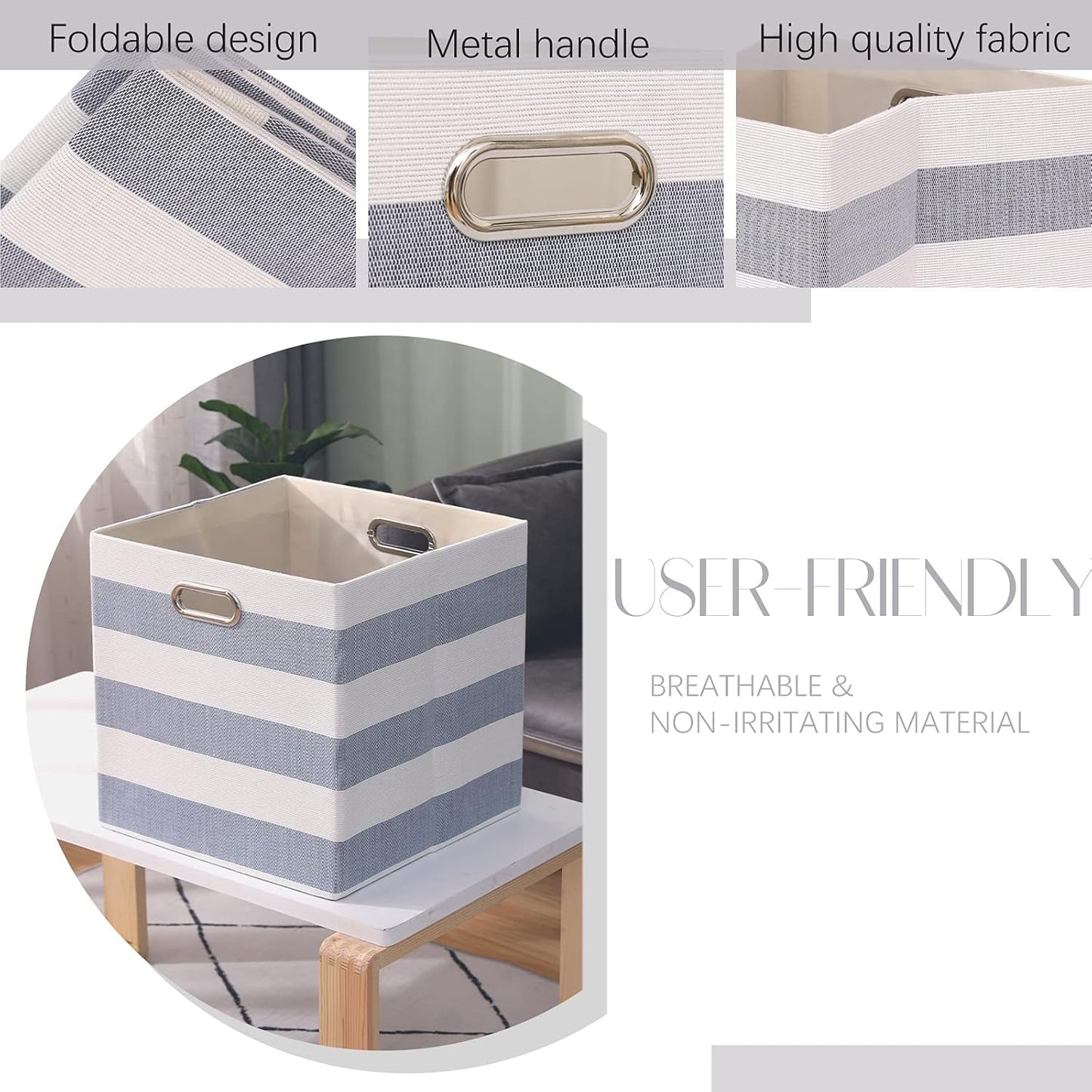 Cube Storage Bins 13×13, Fabric Foldable Box Set of 4, Large Capacity for Closet, Grey-White Stripes