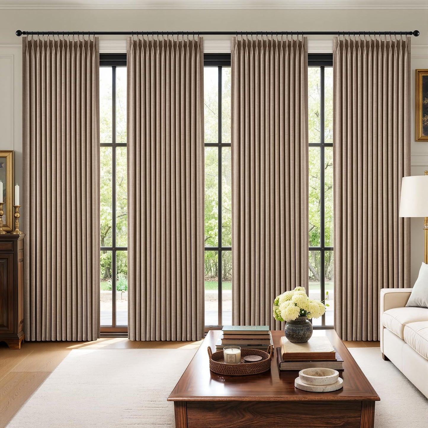 MIULEE Pinch Pleated 100% Blackout Curtains 108 Inch Long 4 Panel Set for Bedroom Thick Linen Memory Trained Pleat Living Room Darkening Back Tab Double Layer Thermal Insulated Drapes, Linen