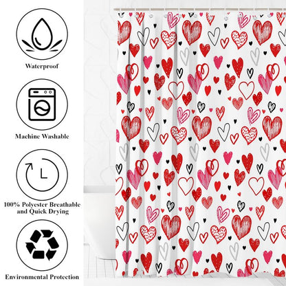 Mocsicka Valentines Shower Curtain Set for Bathroom, 4Pcs Doodle Style Red Heart Valentine Bathroom Sets with Non Slip Rugs, Toilet Lid Cover, Bath Mat, Shower Curtain, Bathroom Decor with 12 Hooks