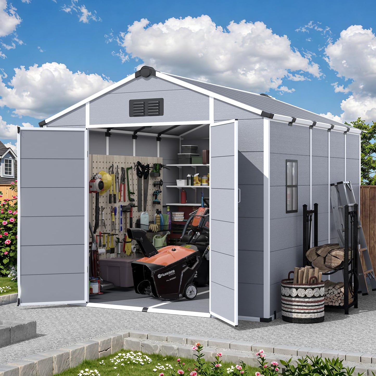 MELLCOM 8 x 10 FT Resin Outdoor Storage Shed with Windows, Outdoor Storage Tool Shed with Floor and Lockable Door, Resin Garden Shed for Garbage Can, Bike, Lawnmower