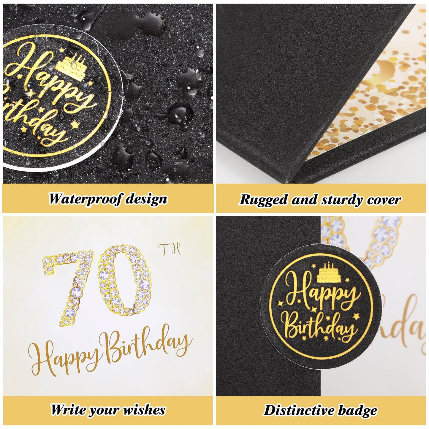Thboxes Happy 70th Birthday Decorations for Men, Black Gold Signature Guest Book Alternative Cheers to 70 Years Birthday Gifts Creative Signing Card Board for 70th Party Supplies