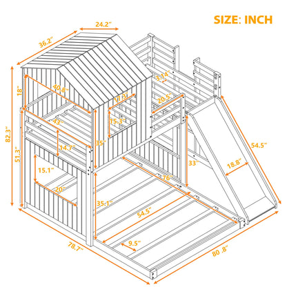 Twin Over Full Bunk Bed Frames Loft Bed with Slide, House Roof, Window and Safety Guardrails for Teens, Boys or Girls
