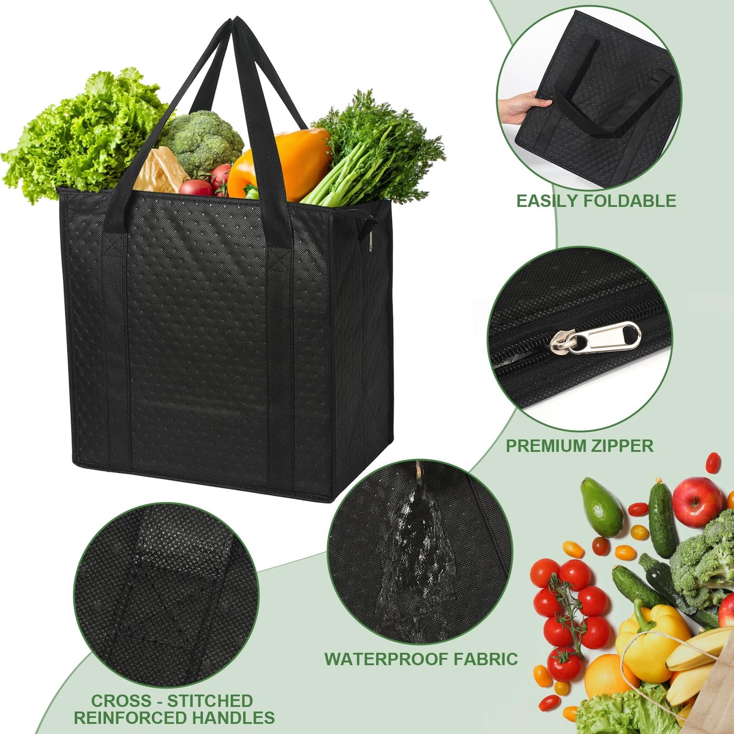 VZZNN 20 Pack Insulated Grocery Bags Bulk, Reusable Shopping Bags with Sturdy Zipper & Handles, Large Foldable Washable Thermal Cooler Totes for Hot Cold Food Transport, Travel & Lunch(Black)