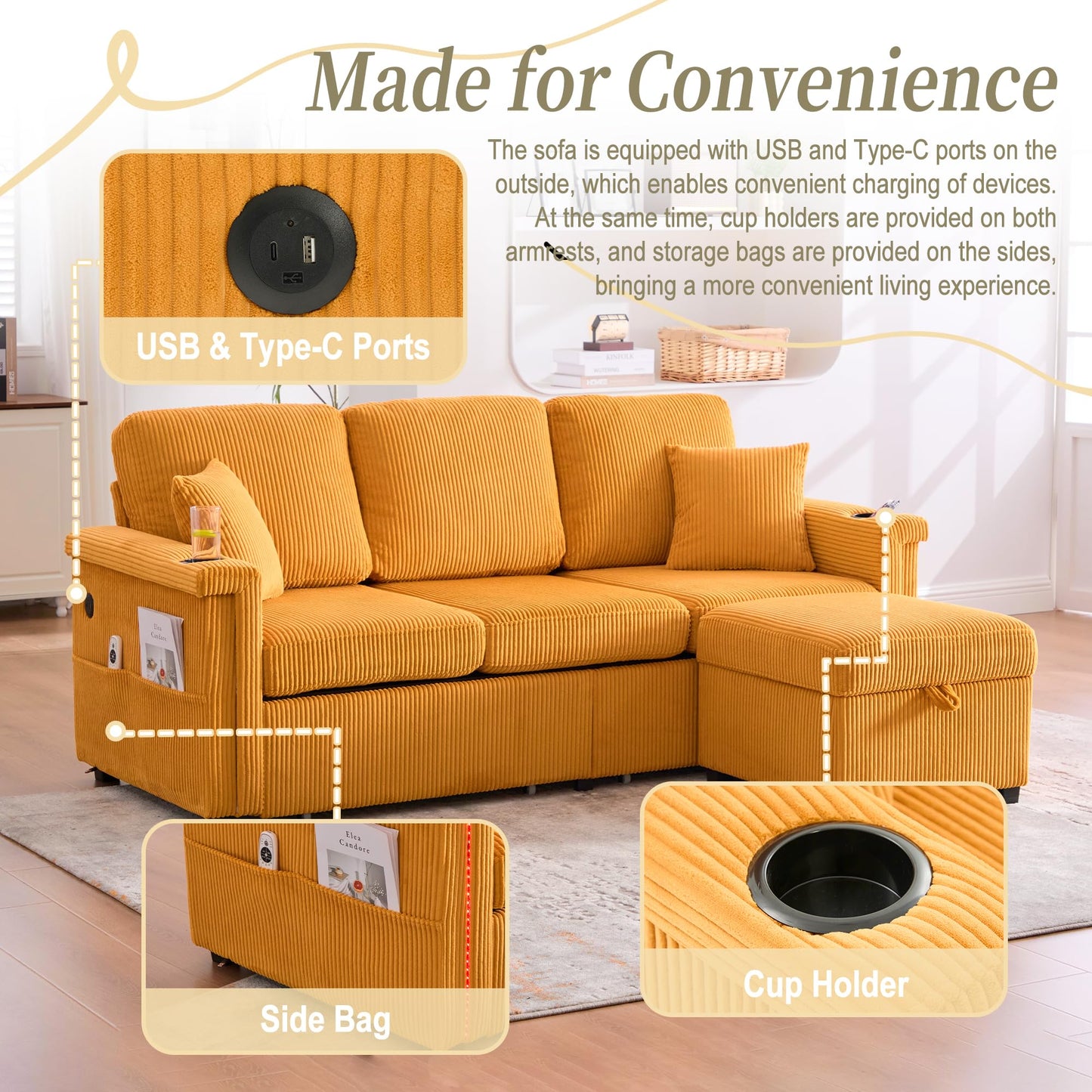 KEIKI 76" L-Shaped Modular Corduroy Sectional Sofa with Pull-Out Bed & 1 Movable Storage Ottoman & 2 Cup Holder & USB, Convertible 4-Seater Sleeper Couch Bed, Easy Assembly, for Living Room, Yellow