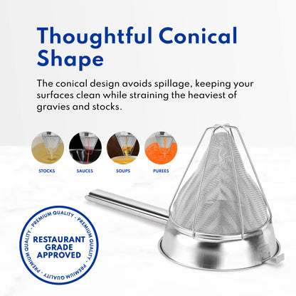 New Star Foodservice Reinforced Bouillon Strainer, 8-Inch, Fine Mesh, 18/8 Stainless Steel, Commercial Kitchen Strainer for Stocks, Sauces, Soups, and Purees