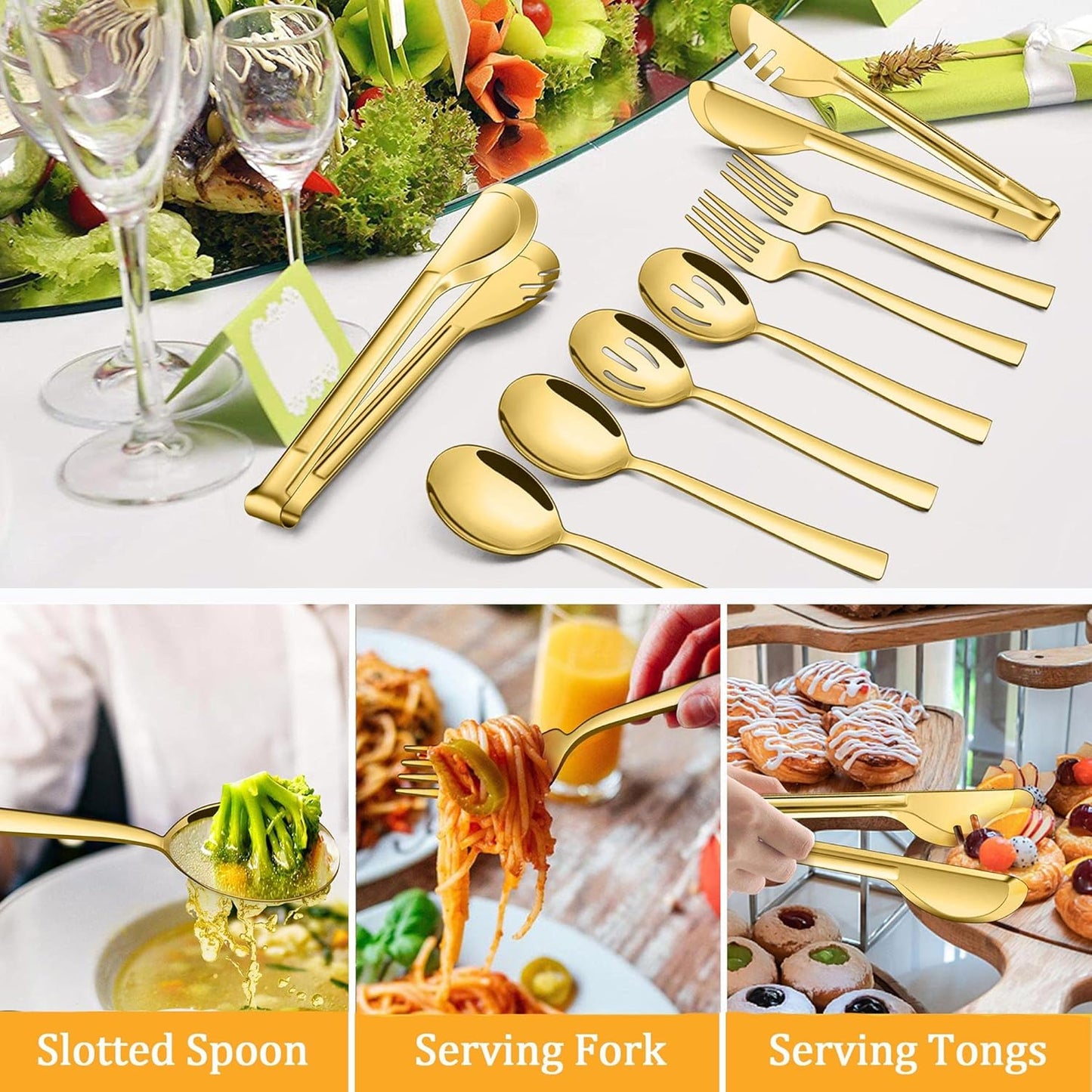 LIANYU Gold Serving Utensils Set of 8, Stainless Steel Serving Spoons, Slotted Spoons, Serving Forks, Metal Tongs for