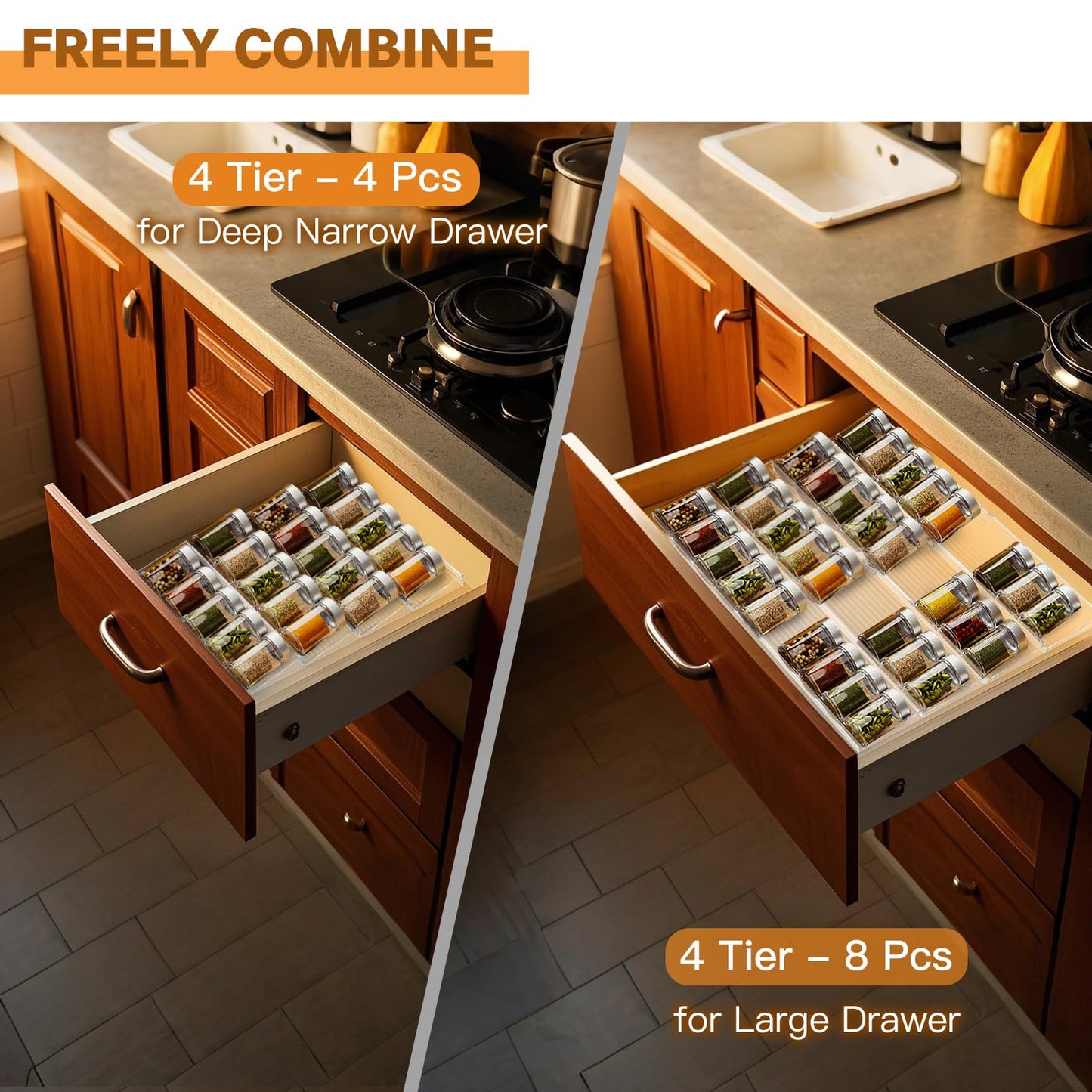 Spice Drawer Organizer, 4 Tier Clear Acrylic Drawer Seasoning Organizer Rack, Kitchen Seasoning Jars Drawers Insert, Expandable 11" to 22" Spice Rack Tray for Cabinet/Countertop (Jars Not Included)