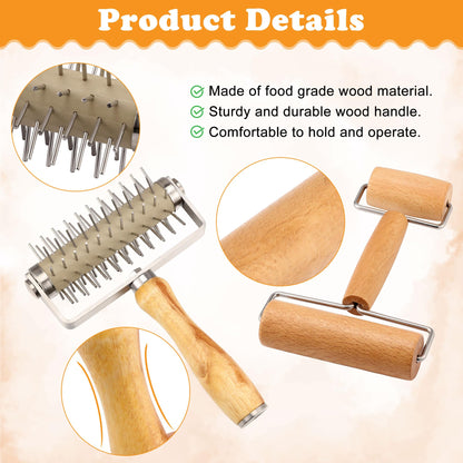WarmHut 2Pcs Pizza Dough Roller & Dough Docker, Wood Rolling Pin Stainless Steel Dough Hole Puncher for Pizza, Pie, Pastry, Bread, Pasta, Cookie, Crust, burlywood, JKUS20407