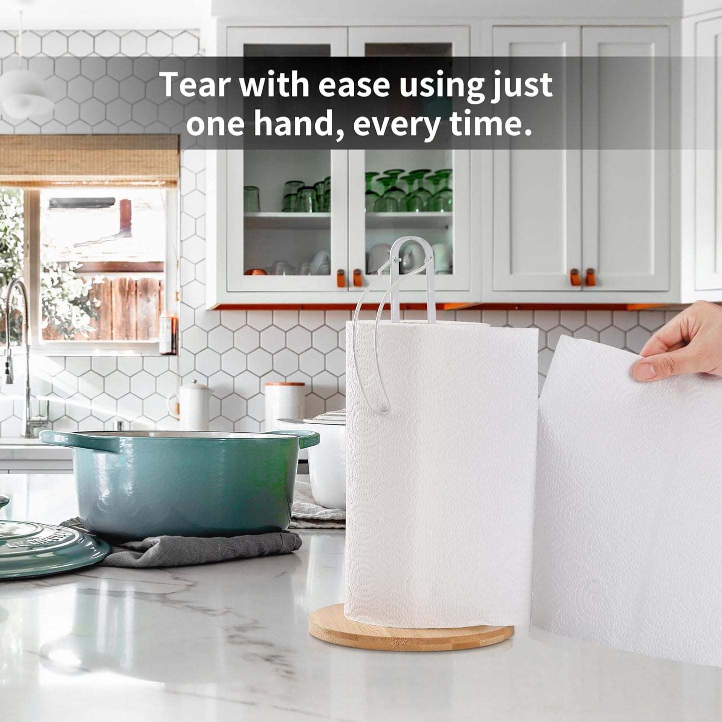 Wood Paper Towel Holder with Fixer, Free-Standing Kitchen Towel Holder with Non-Slip Wooden Base - White