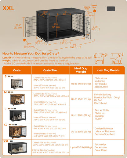 Feandrea 56.1" Dog Crate Furniture, Indoor Dog Cage Side End Table, XXL Pet Wood Kennel for Large and Medium Dogs up to 105 lb with Multi-Purpose Removable Tray, Double-Door Pet House, Ink Black