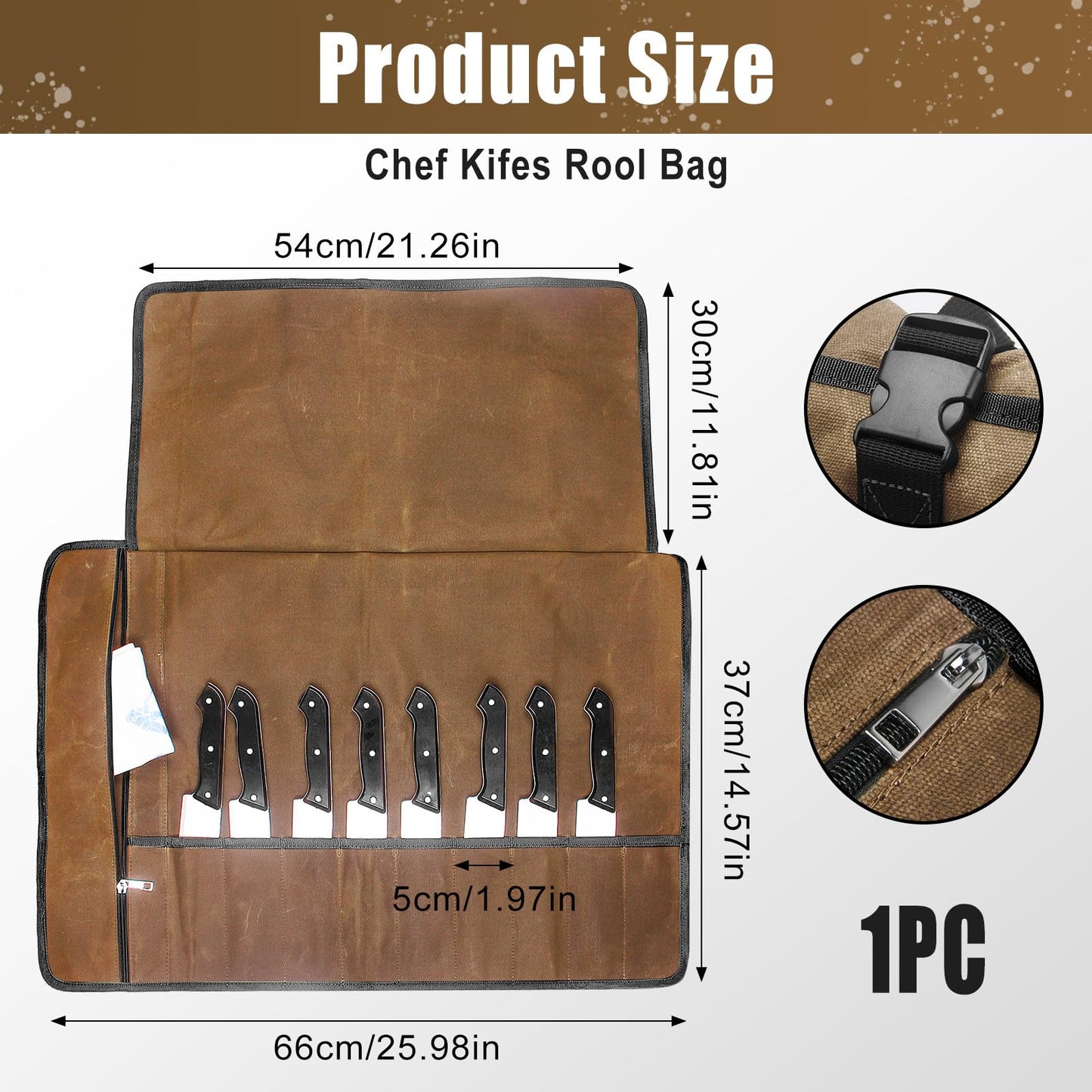 Chef Knife Roll Bag,Waxed Canvas Knife Travel Case,Heavy Duty Professional Knife Carrier Storage Holder with 10 Slots,Portable Kitchen Culinary Tool Organizer for Men,Fits up to 18.8” Knives.Khaki