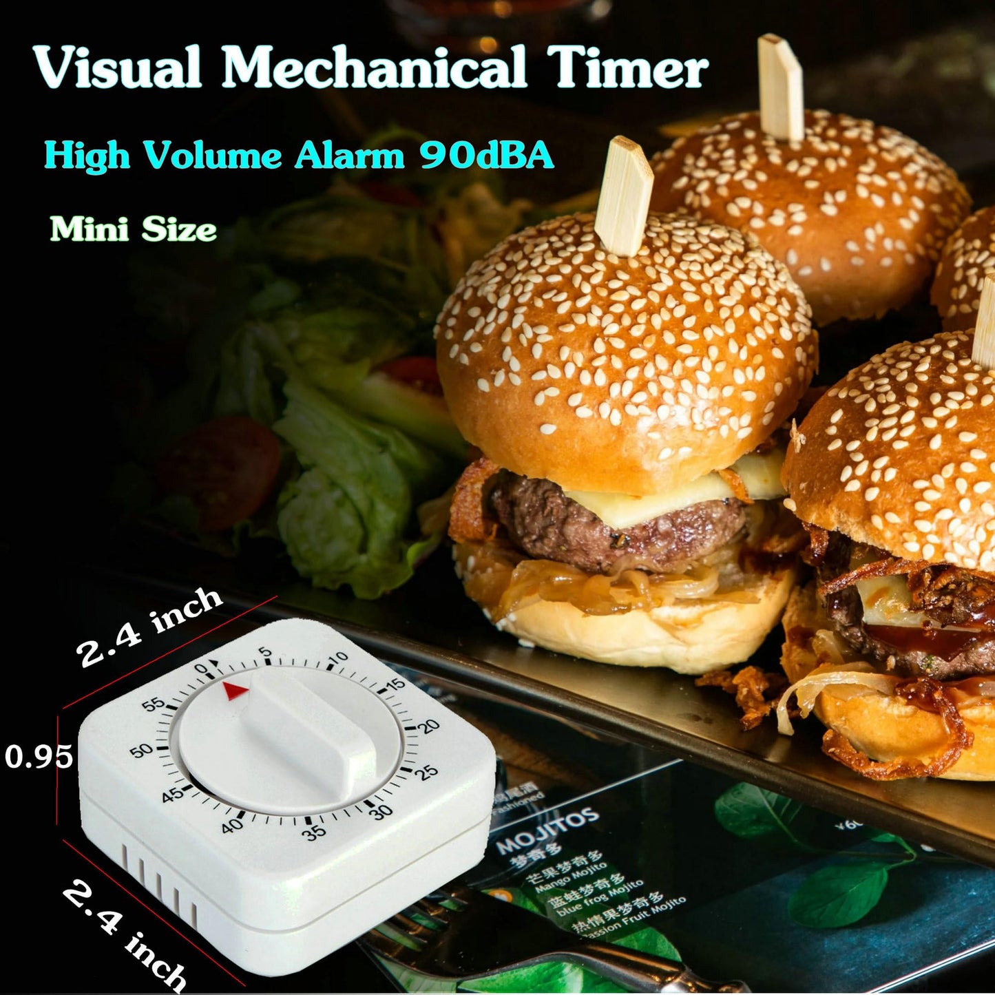 Square 60 Minute Mechanical Kitchen Timer, Easy to Use Visual Cooking Timer with Strong Magnet and Loud Alarm, Manual Countdown Timer for Classroom, Home, Study and Cooking (2 Pack)
