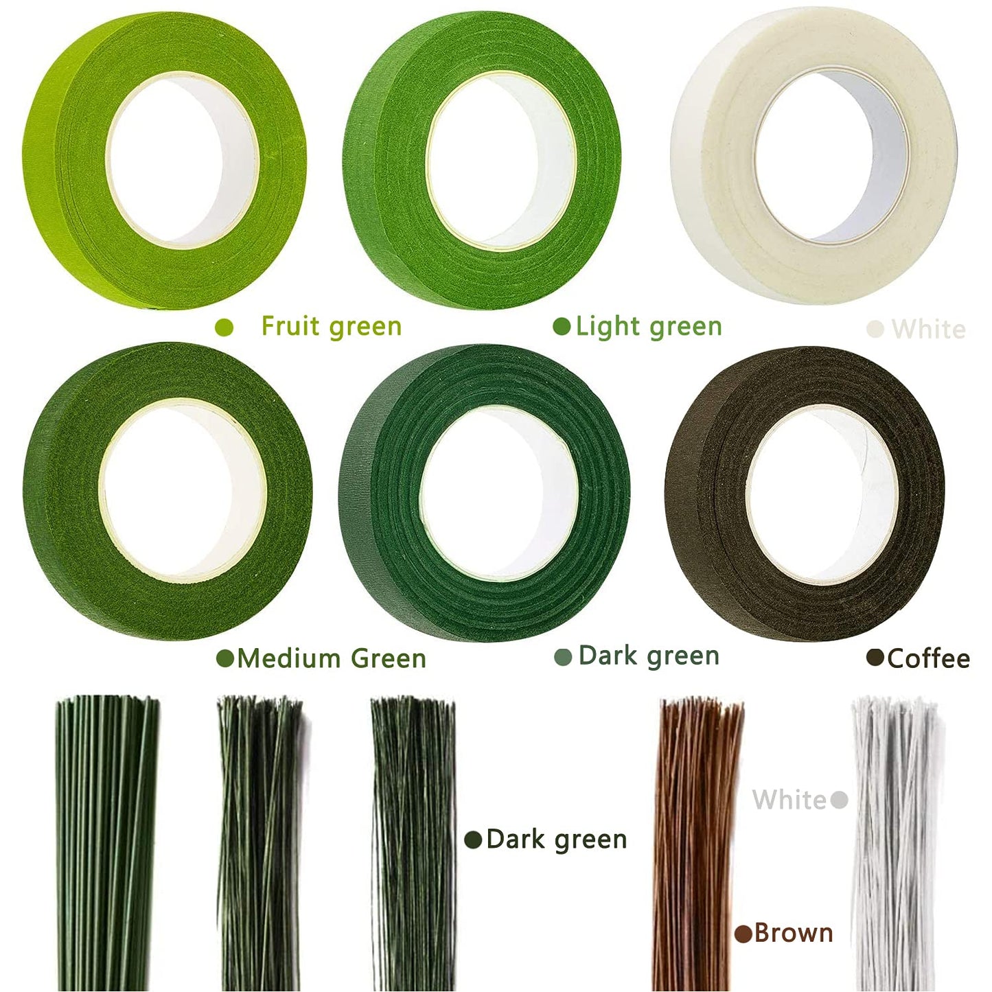 Floral Tape and Floral Wire Arrangement Tools Kit with 6 Rolls 1/2" Wide Floral, 18/22/26 Gauge Stem Wire and 22 Gauge Paddle Wire for Bouquet Stem Wrap Florist