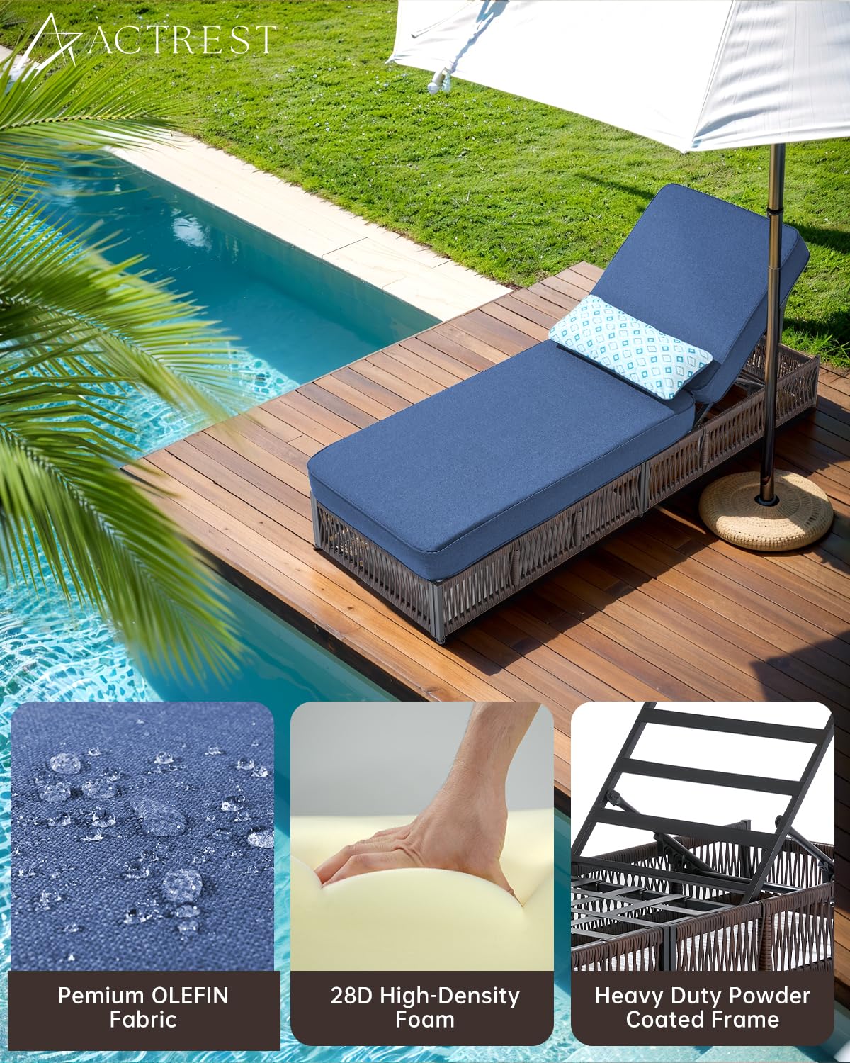 ACTREST Luxury Outdoor Chaise Lounge with 5 Inch Thickened Cushions - 1 Set High Back Brown Wicker Patio Recliners Rattan Reclining Chairs Porch Poolside Pool Sunbathing Lounger - Navy Blue