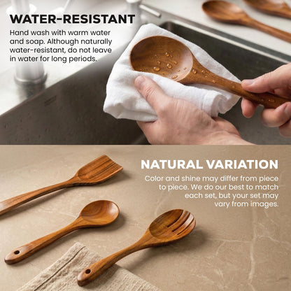 Zulay Kitchen 9-Piece Teak Wood Cooking Utensil Set – Non-Toxic & Non-Stick Safe Wooden Spoons & Kitchen Tools with Comfortable Grip, Smooth Finish Natural Teak – Perfect Kitchen Gift Set