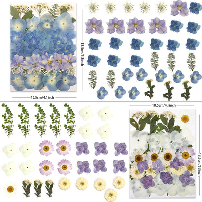 LUXEEASE 140 Pcs Dried Pressed Hydrangea Flowers for Crafts, Real Natural Blooms in Blue, Pink & White Tones with Foliage Accents, Perfect for Resin Art, DIY Jewelry & Home Decor – Tweezers Included