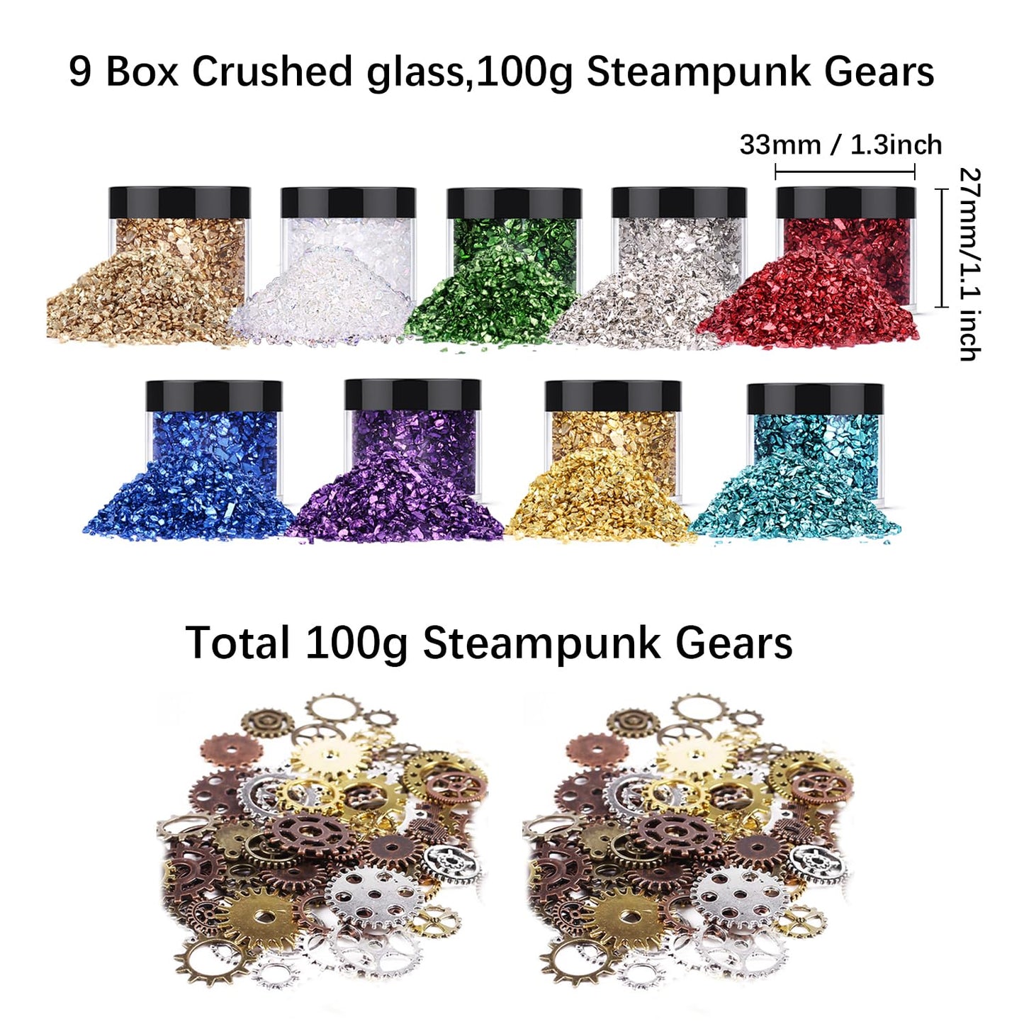 9 Box Broken Crushed Glass Glitter, with 100 g Steampunk Gears,6.4oz/180g Irregular Shards Metallic Crystal Chips 2-4mm Chunky Flakes Sequins Gravel for Epoxy Resin Craft Supplies G009