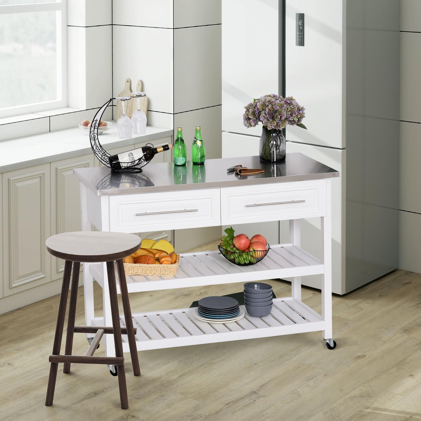 HOMCOM Kitchen Island with Stainless Steel Top, Traditional Kitchen Island with Storage, Butcher Block Cart 2-Tier Open Shelves, Drawers, White