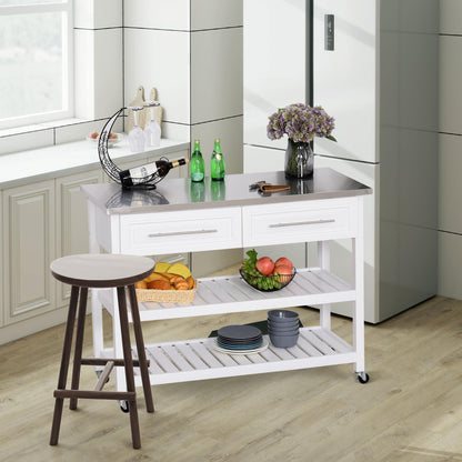 HOMCOM Kitchen Island with Stainless Steel Top, Traditional Kitchen Island with Storage, Butcher Block Cart 2-Tier Open Shelves, Drawers, White