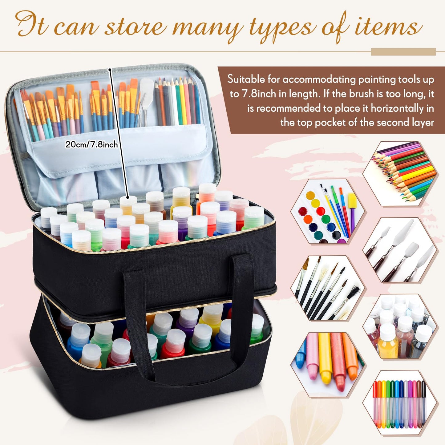 Abbylike Acrylic Paint Organizer Case for up to 56 Bottles (2 Oz) Double Layer Art Supply Storage Bag Alcohol Ink Storage Paint Carry Case with Foam Insert and Inner Pocket(Black)