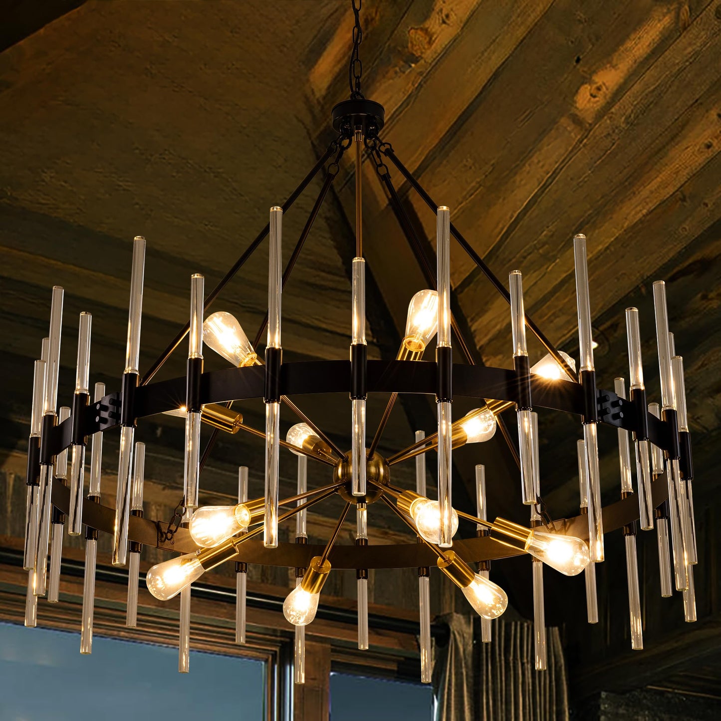 Wellmet Black and Gold Chandelier, Modern Dining Room Chandelier with Glass Rods 45", Farmhouse Wagon Wheel Light Fixtures Ceiling Hanging Pendant Lighting for Living Room, Kitchen, Foyer, Bedroom