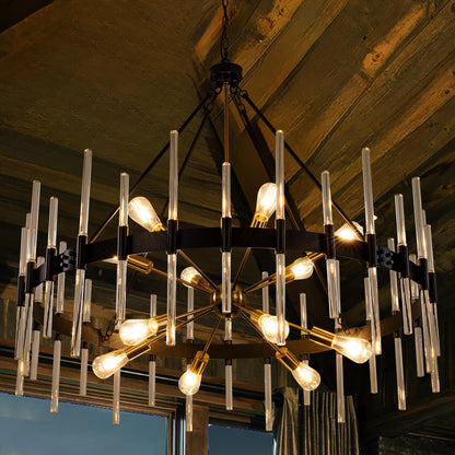 Wellmet Black and Gold Chandelier, Modern Dining Room Chandelier with Glass Rods 45", Farmhouse Wagon Wheel Light Fixtures Ceiling Hanging Pendant Lighting for Living Room, Kitchen, Foyer, Bedroom
