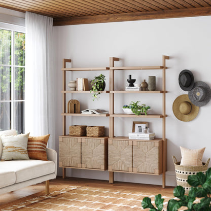 Nathan James Beacon 3-Shelf Bookcase with Seagrass Cabinet, Solid Wood Bookshelf with Storage with Solid Wood Frame, Seagrass/Raw Oak Set of 2