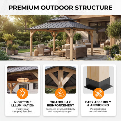 Devoko 10' x 12' Outdoor Wood Gazebo,Metal Hardtop Gazebo,Color DIY Permanent Pavilion with Galvanized Steel Double Roof for Backyard, Garden(Windproof, Snow-Load Bearing, Waterproof, Rustproof)