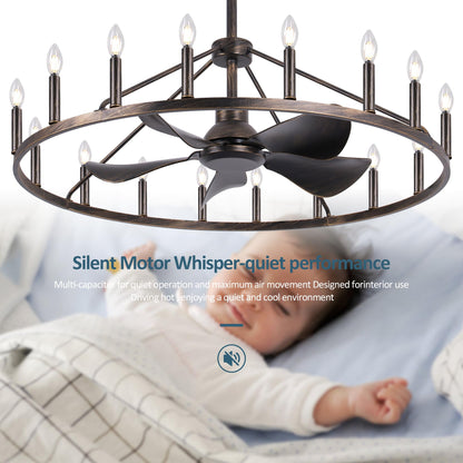 COCOSTAR 44" Antique Bronze Wagon Wheel Chandelier Farmhouse Ceiling Fan with Light and Remote,16-Lights Large Fandelier with Candle,Rustic Big Light Fixture for Living Room Kichen Dining Room