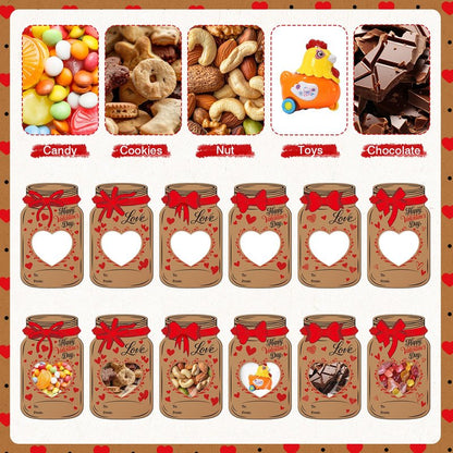 Honeydak 48 Set Valentine's Day Mason Jar Bows Cards Kit with Clear Treat Bags & Adhesive Strips, Happy Valentines Cards, DIY Goodie Bags, Valentines Exchange Card, Party Favors Supplies