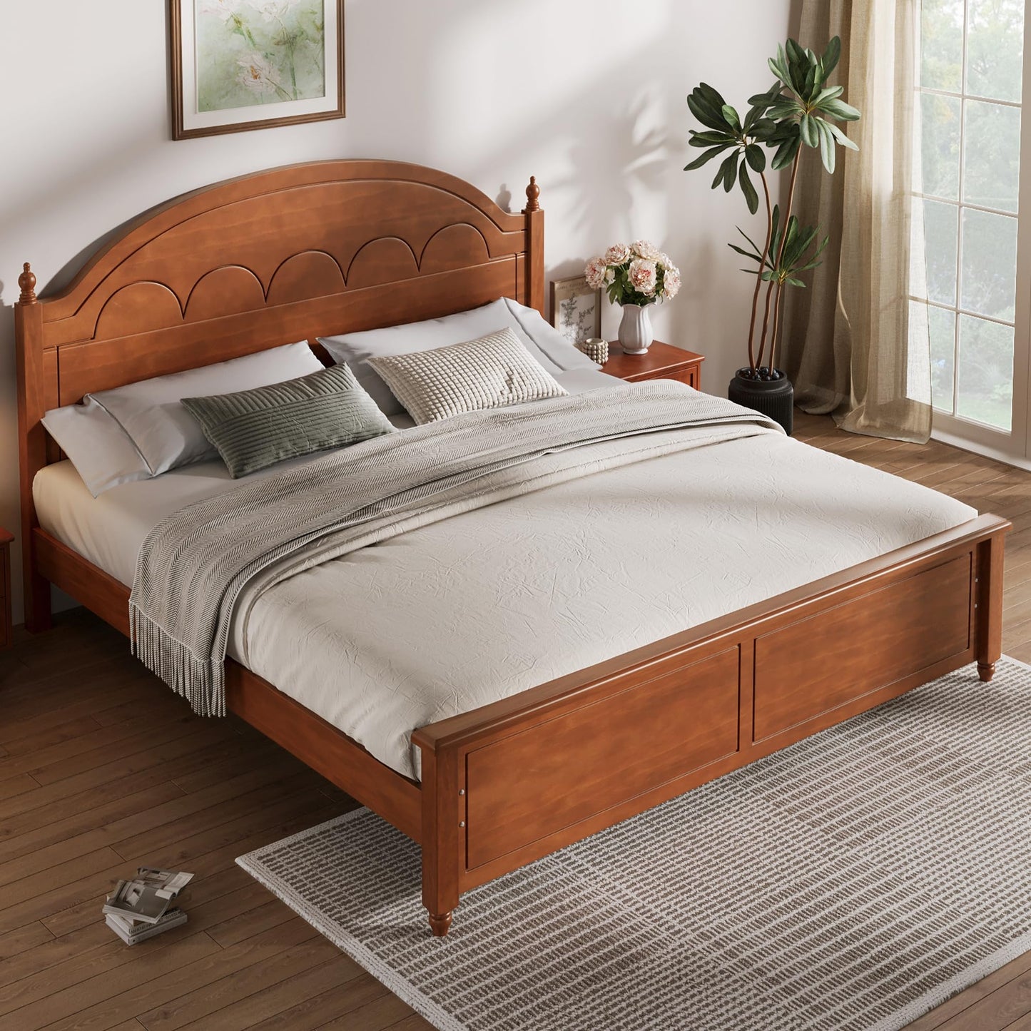 Merax King Platform Bed Frame with Elegant Arched Headboard, Solid Wood Construction, Timeless Classic Design, Strong Support, Easy Assembly, Oak Finish