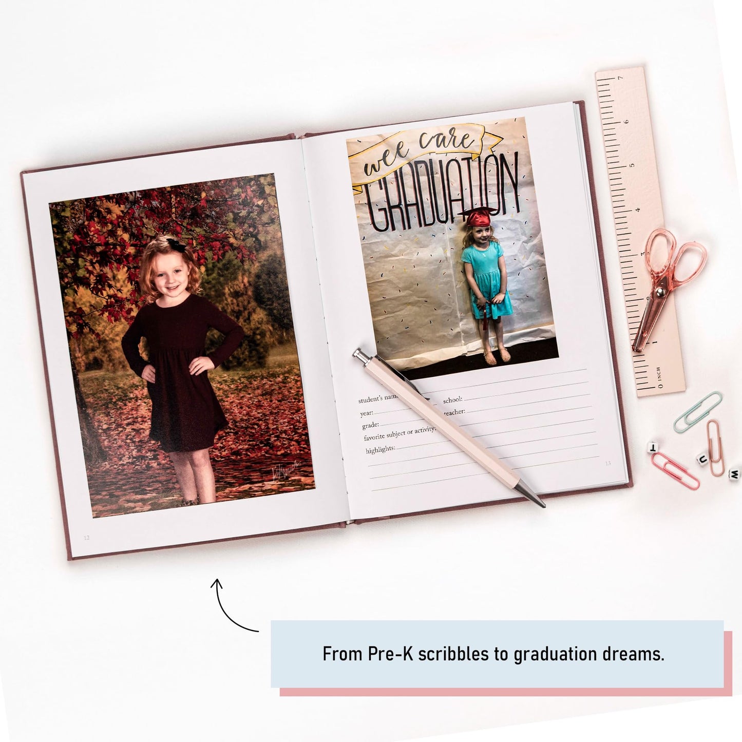 Elegant School Memory Book Prek-12 - Durable School Photo Book w/Photo Spaces, Prompts & More - 70 Pages Kids Scrapbook for Easy Journaling (Mauve)