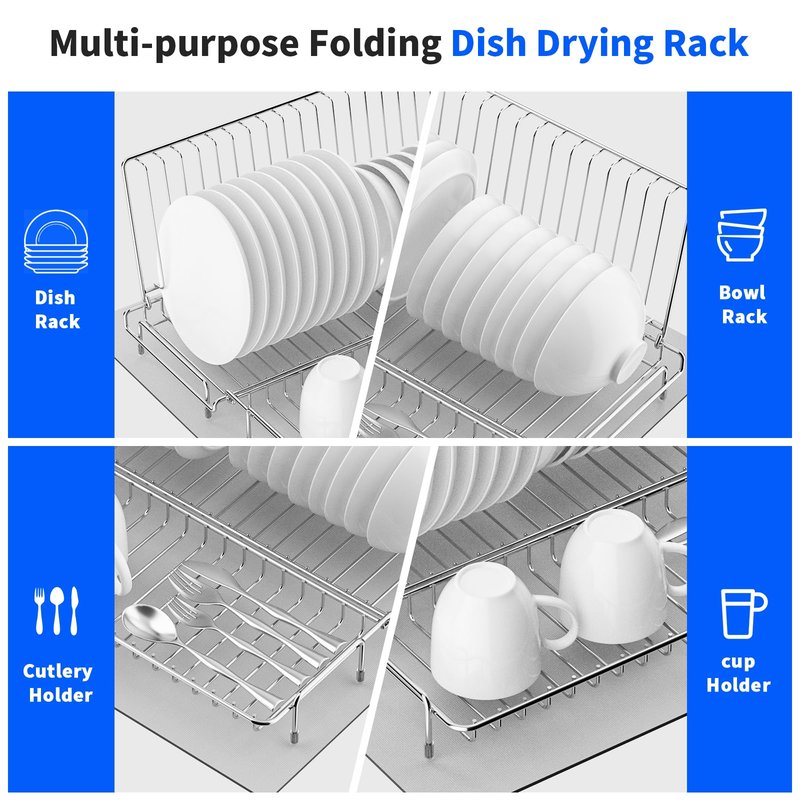 chilinii Dish Drying Rack Stainless Steel Collapsible Foldable Small Dish Rack Countertop Portable Drainer with Drying Mat for Kitchen Dorm RV Campers Travel Trailer Space Saving