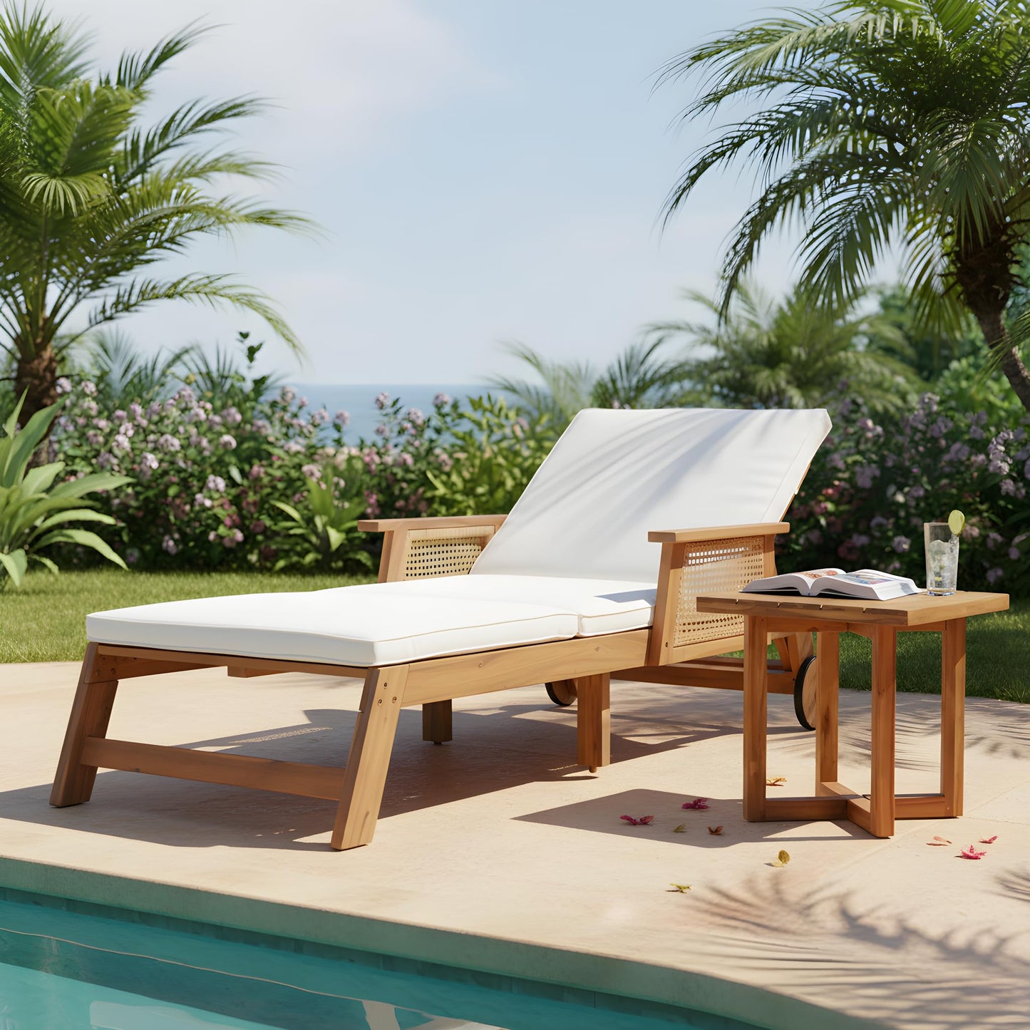 Christopher Knight Home 3-Piece Outdoor Chaise Lounge Chair Set of 2 with Side Table, Acacia Wood Patio Lounge Chairs with Cushion & Wheels, 3-Position Adjustable Beach Backyard Furniture, Beige/Teak