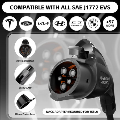 TLE LEVEL Level 2 EV Charger - Portable 40 Amp 9.6kW EV Charger, NEMA 14-50 Plug Electric Vehicle Charging Stations for J1772 Electric Cars, 25' Cable Smart 240V EV Chargers for Home