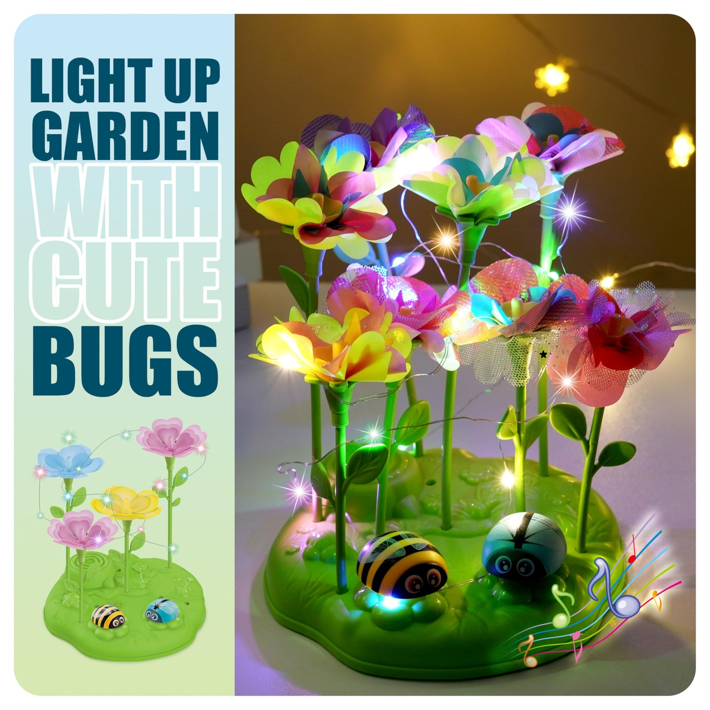 Wiyeang DIY Flower Bouquet Craft Kit for Kids, Water Absorbing Dyeing & Fabric Flowers, Light-Up Music Base, Bug Garden Theme, Creative Art Toy Gift for Girls Ages 3–6