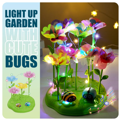 Wiyeang DIY Flower Bouquet Craft Kit for Kids, Water Absorbing Dyeing & Fabric Flowers, Light-Up Music Base, Bug Garden Theme, Creative Art Toy Gift for Girls Ages 3–6