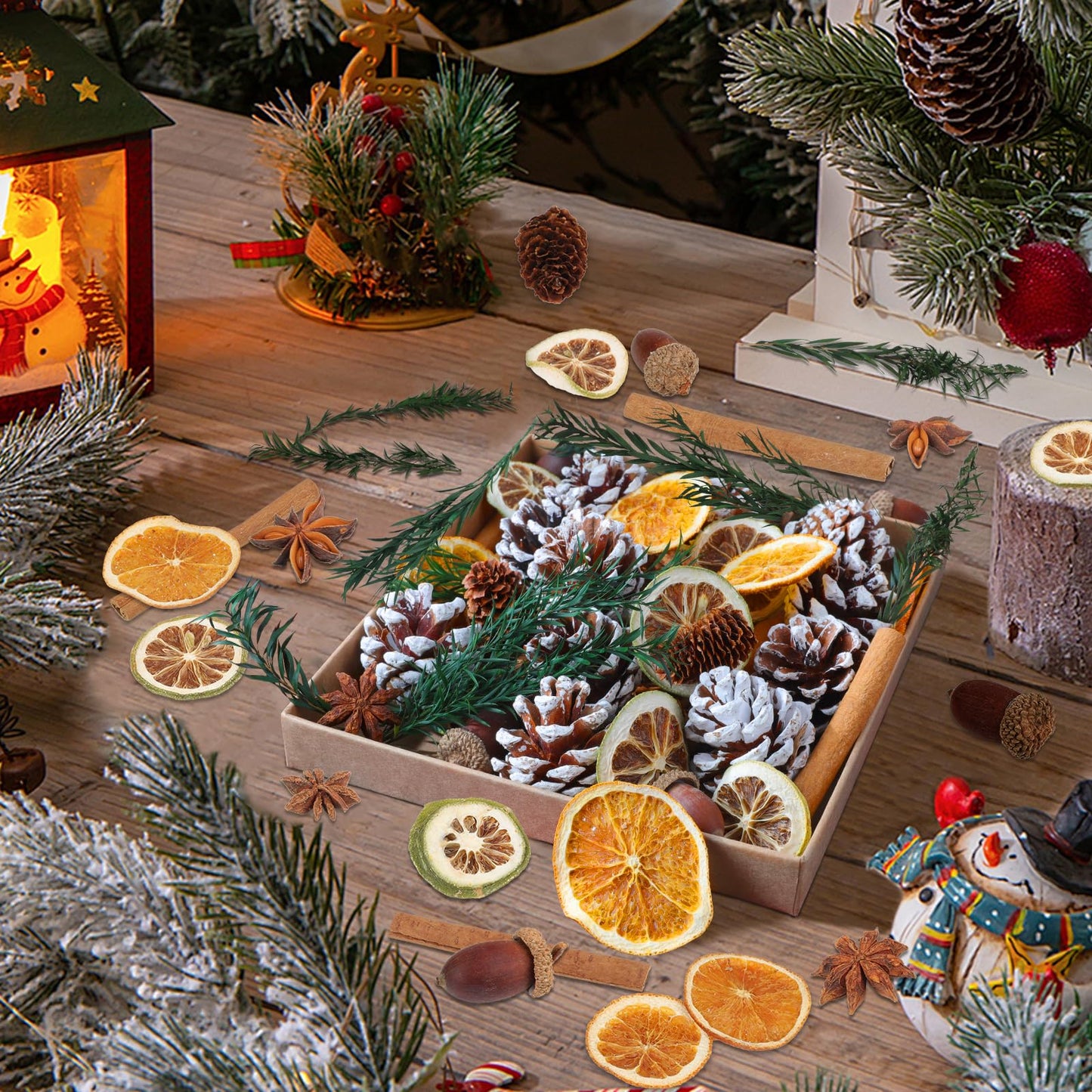 Wlicon Christmas Potpourri Bowl Filler, Natural Pinecone, Cinnamon Sticks, Dried Orange Slices, Star Anise, Acorns for Crafts for Christmas Wreath Vase Filler Christmas DIY Crafts Party Decor