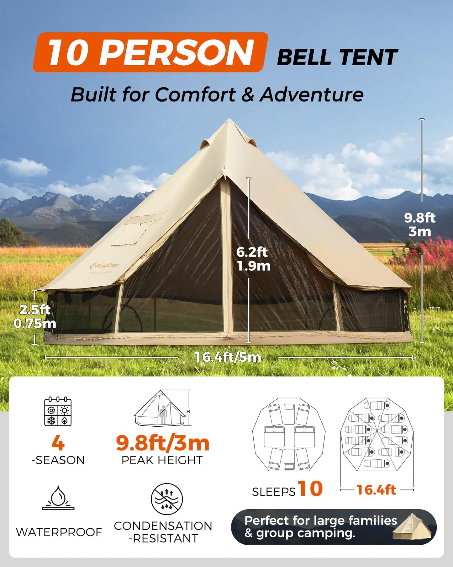 KingCamp Glamping Tent for 4 Seasons, 13.2ft/16.4ft Large Waterproof & Windproof Luxury Bell Yurt Tent w/Stove Jack, Spacious for Family Camping Hunting Parties