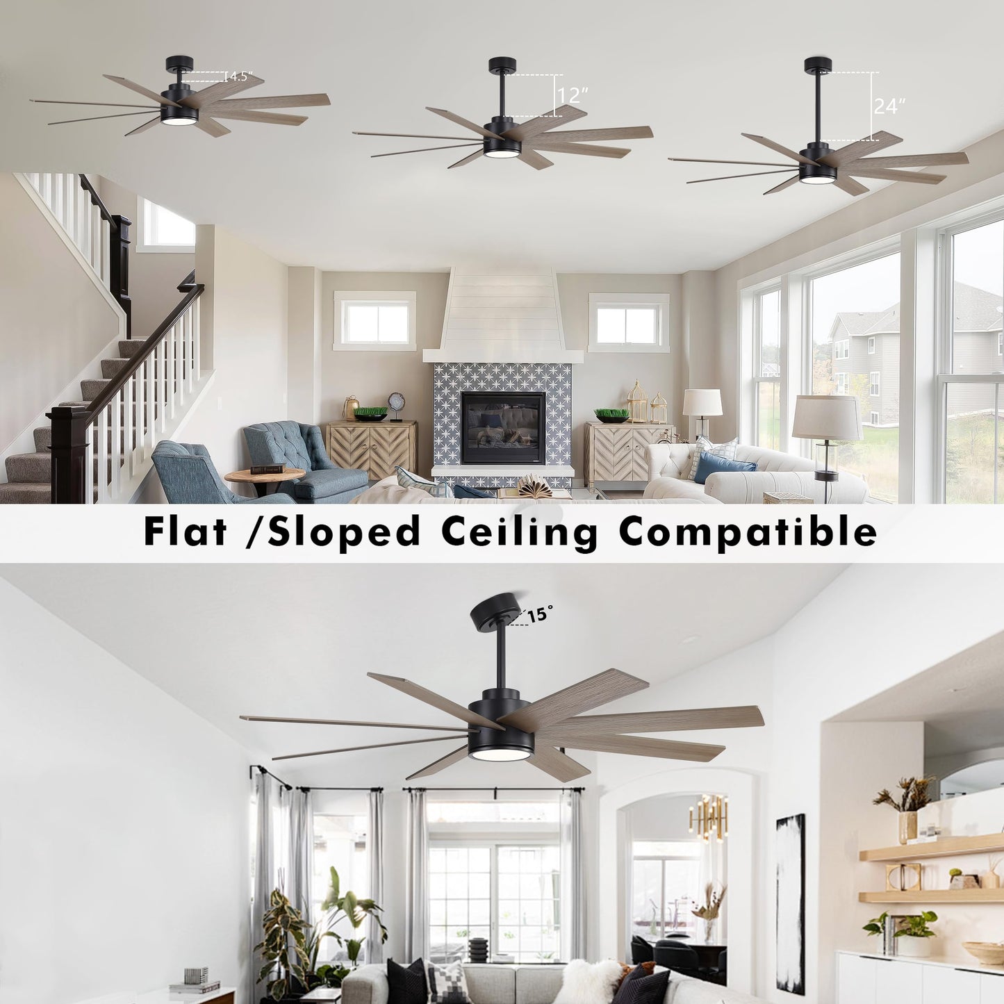 WINGBO 60" Large DC Ceiling Fans with Lights and Remote, 3 Downrods, 8 Plywood Blades, 6-Speeds Reversible DC Motor, 3CCT, Indoor Ceiling Fan for Bedroom Living Room Patio, Black and Gray