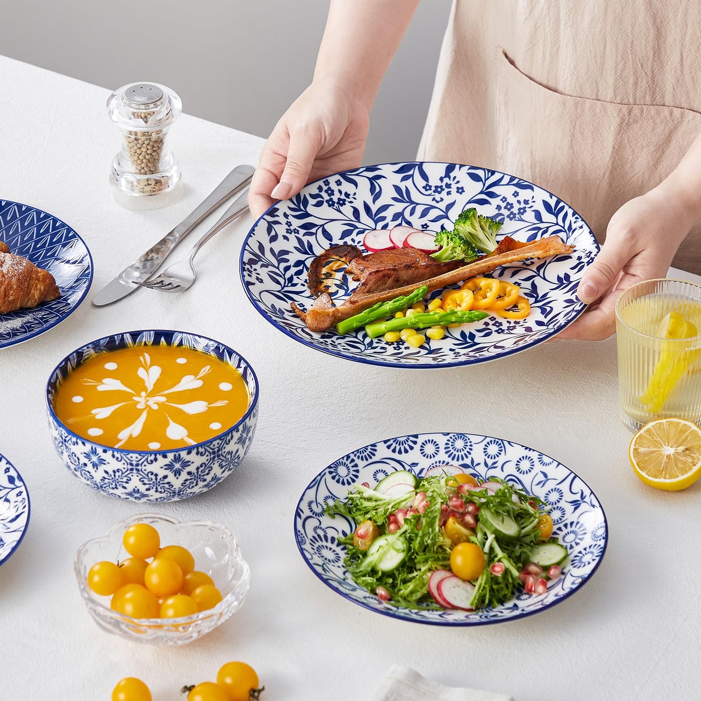 vancasso SELENE Plates and Bowls Set for 4, 12 Pieces Dinnerware Sets, Mircowave and Dishwasher Safe Dishes Set, Porcelain Blue Dinnerware