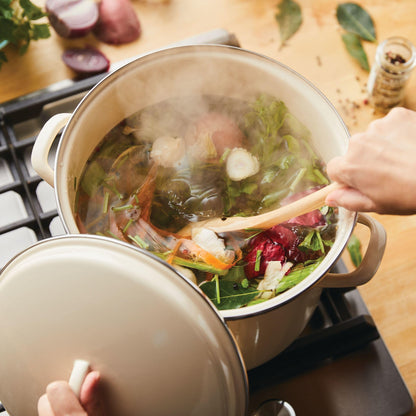 Rachael Ray Enamel on Steel Stockpot with Lid, Induction Suitable, 12 Quart, Almond Cream