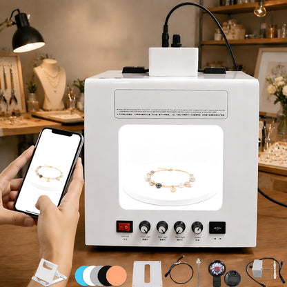 QIUNAOZI Adjustable Turntable Premium Photo Studio, Professional Jewelry Photography Light Box Kit, Hanging Bracket, 4pcs Fill Lights, Adjustable Brightness, for Jewelry, Small Items White-TB30