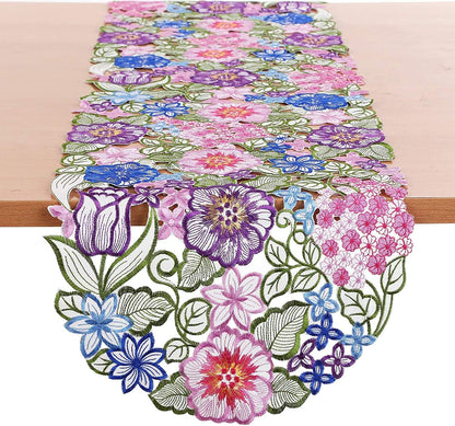 Flowery Table Runner 13"×54", Cutwork Embroidered Floral Dresser Scarf for Home Kitchen Dining