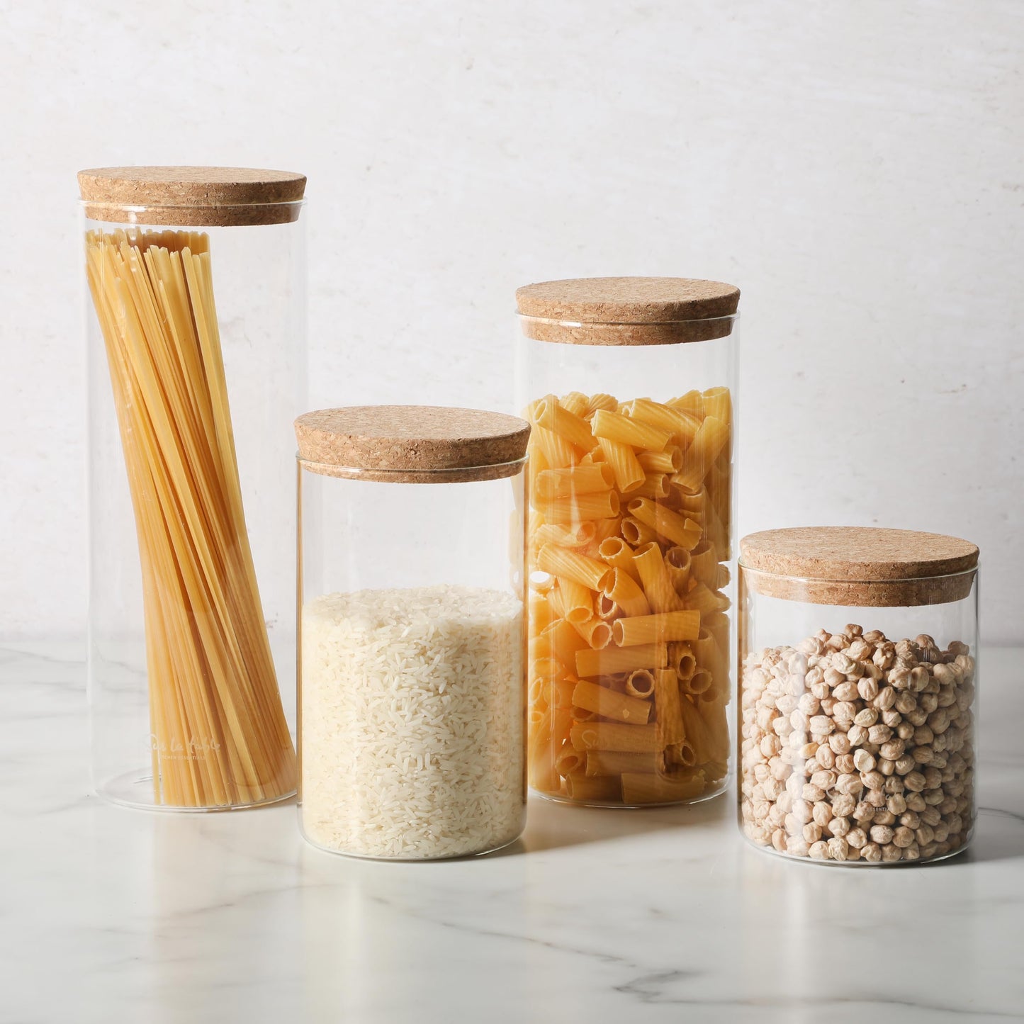 Sur La Table Kitchen Essentials Rue Lumiere 4-Piece Handmade Glass Canister Set with Airtight Cork Lids, Clear – 57 oz, 45 oz, 34 oz & 25 oz, Food Storage Jars, Dishwasher Safe, Pantry Organization
