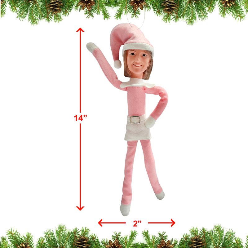 Party Monkeys Bend and Pose Pink Timeless Holiday Charm Martha Elf 35cm Ornament – Handmade Pink Christmas Elf Decoration for Tree, Mantel, Shelf, and Holiday Party Décor