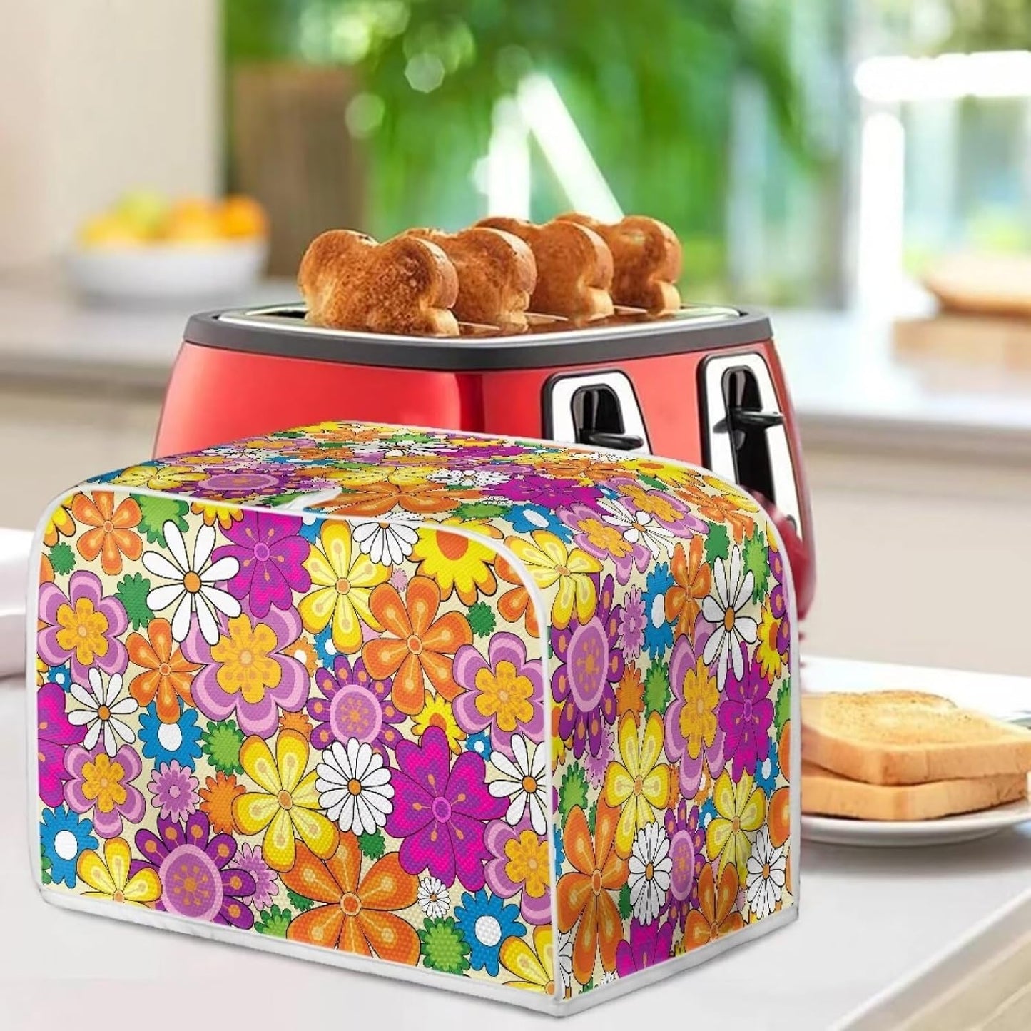 Daisy Print Food Toaster Cover, Multicolor Floral 2 Slice Wide Slot, Anti-dust Small Appliance Cover