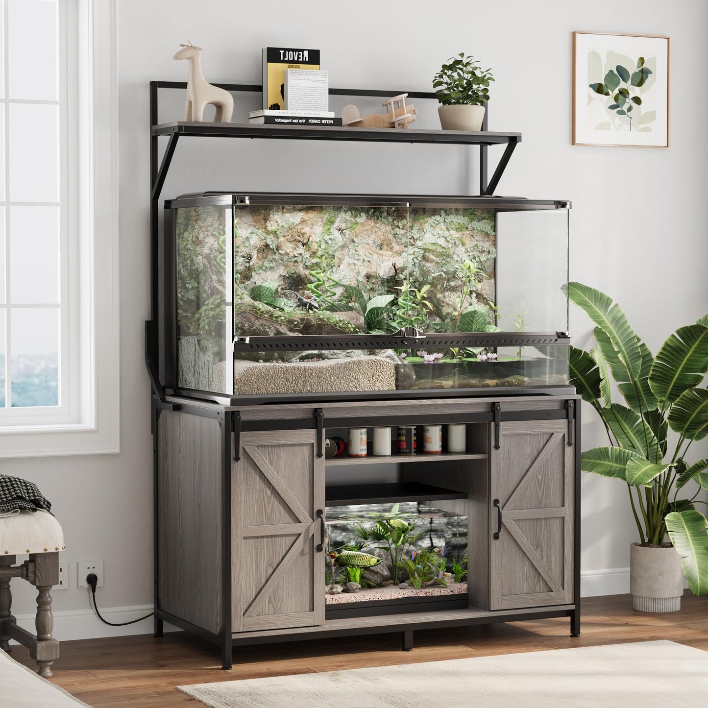 VOWNER Farmhouse Reptile Tank Stand with Power Outlet, 48" X 24" Tabletop Fits up to 120 Gallon Bearded Dragon Tank, Heavy Duty Aquarium Stand with Storage Cabinet, Reptile Turtle Terrarium Stand Grey